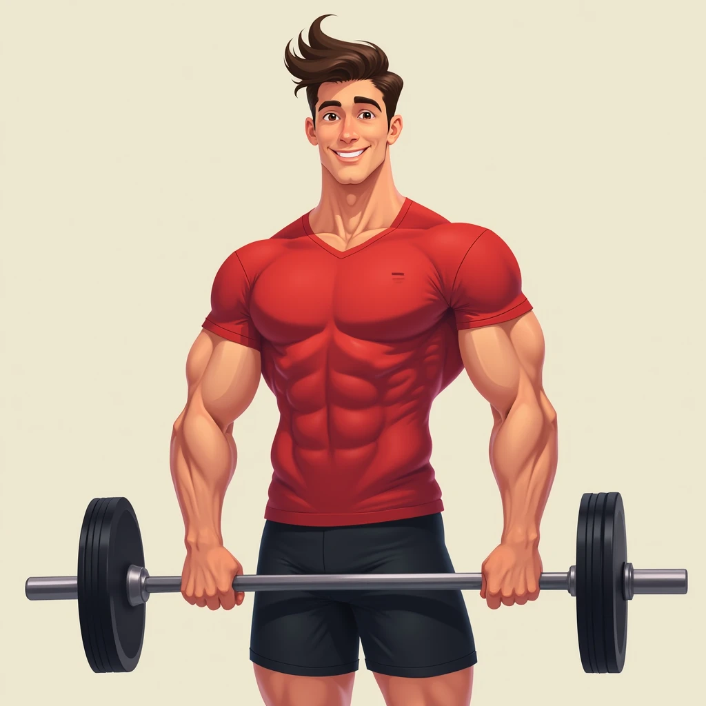 best quality, masterpiece, fill frame, zoomed out, character design, full body, head to toe, cell shading cartoon art, poster of handsome young man, slim build, wearing plain red tshirt and black shorts, gentle smile while lifting a straight barbell, perfect fingers, perfect hands, perfect face, perfection, no background