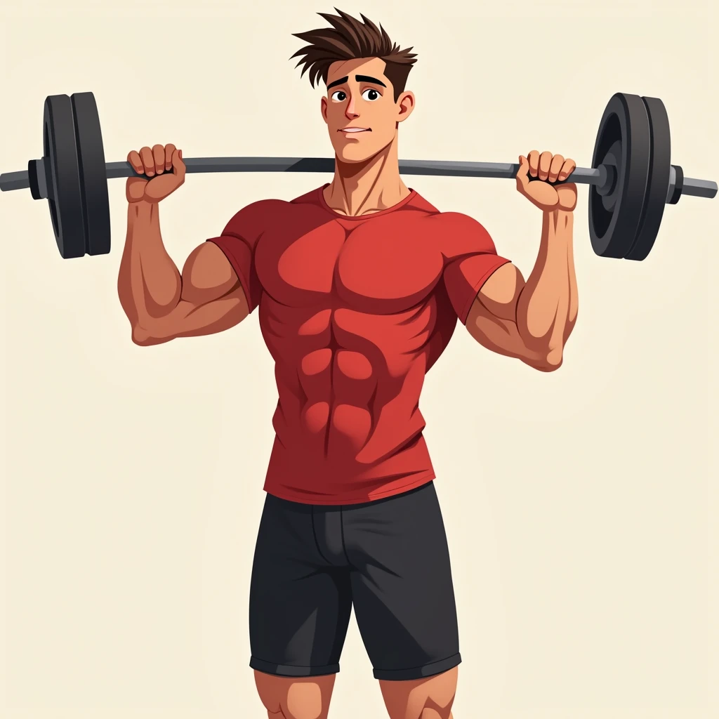 best quality, masterpiece, fill frame, zoomed out, character design, full body, head to toe, cell shading cartoon art, poster of handsome young man, slim build, wearing plain red tshirt and black shorts, gentle smile while lifting a straight barbell, perfect fingers, perfect hands, perfect face, perfection, no background