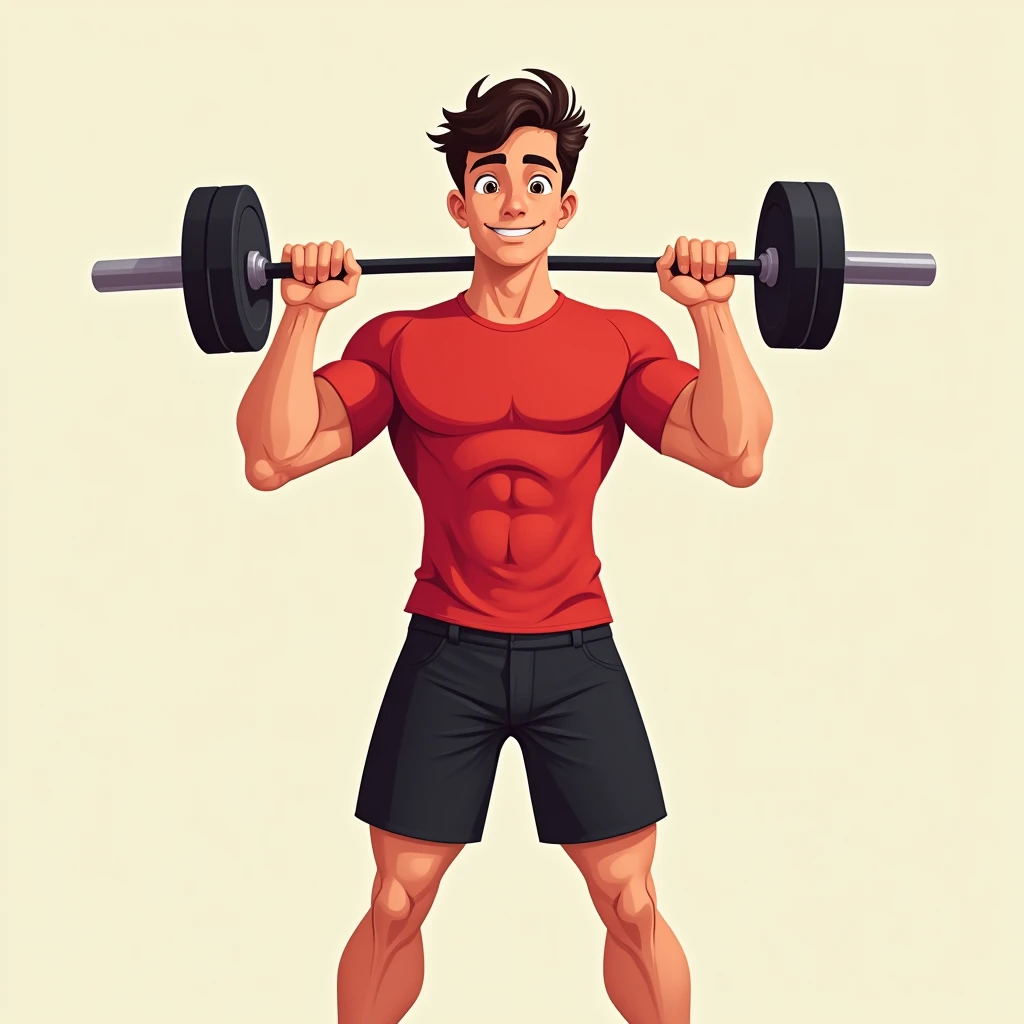 best quality, masterpiece, fill frame, zoomed out, character design, full body, head to toe, cell shading cartoon art, poster of handsome young man, slim build, wearing plain red tshirt and black shorts, gentle smile while lifting a straight barbell, perfect fingers, perfect hands, perfect face, perfection, no background
