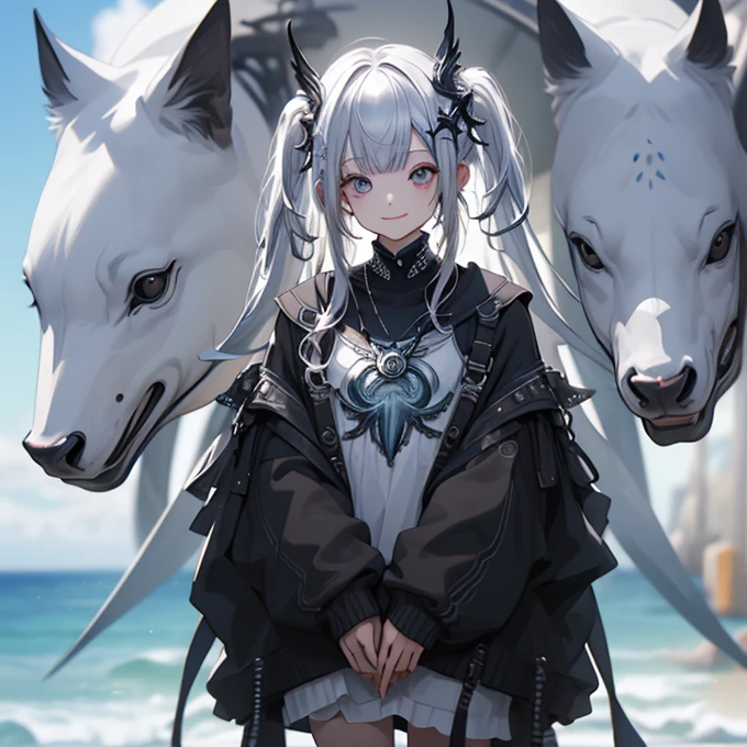 (masterpiece), best quality, Ultra-high resolution,Silver Hair、Black Hair、A bright smile、one、Sick makeup、barefoot、color、ocean、(oceanに足をつける:1.3)、Standing 、