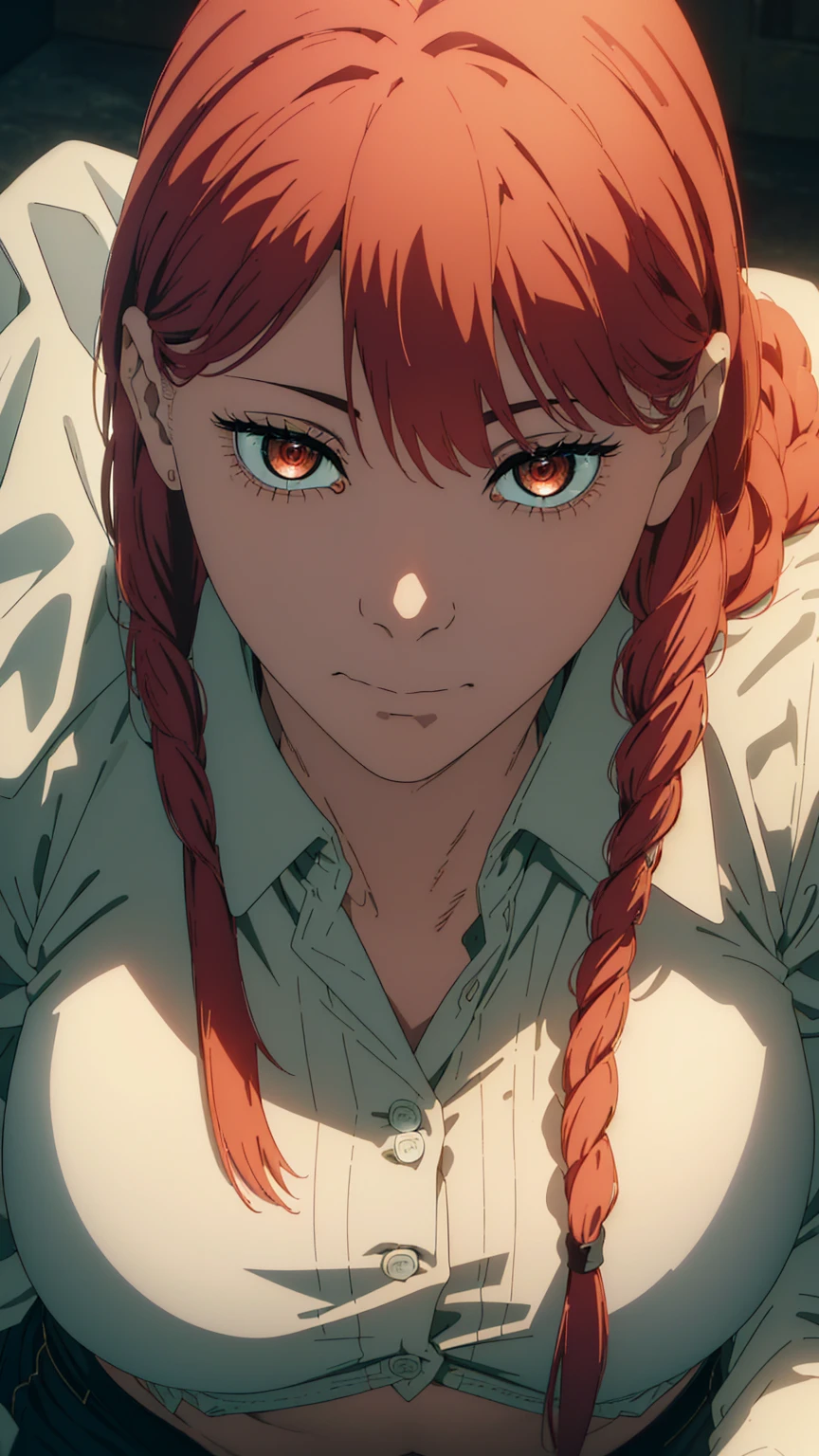 masterpiece,best quality, official art, extremely detailed CG unity 8k wallpaper, ((top quality, 8k, masterpiece: 1.3, ultra hd, high quality, best quality, high definition, ((realism)), sharp focus: 1.5,(Very detailed CG unity 8K wallpaper), Dark Cinematic Lighting, cinematic lighting, makima \(Chainsaw Man\), ((close up face,:1.5)), looking up , undress white shirt, beautiful bra, Medium Breast ,Red hair, Long braided red hair, cowboy shot, detailed thin thighs, detailed navel , black denim, dark background, (sitting), The best quality, ,detailed nipples,