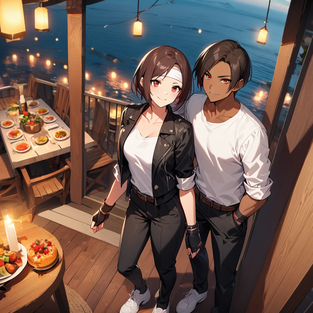 One person,woman,Holding hands/Fist,Aerial view,short hair,Dark Hair,Dark Skin,Red eyes,（black jacket with sleeves rolled up）,Fingerless gloves,White T-shirt, （White headband）,Black trousers,White shoes,Brown belt,cute,Indoor Party,Charm Points,Ocean View,Slightly large chest,Outdoor,high quality,good looking,A confident smile,Dining with friends on the terrace,Vibrant atmosphere,Crouching