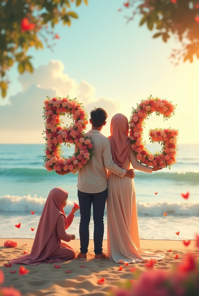 Couple holding letter b and g at beach written by flowers girl with hijab turning their back