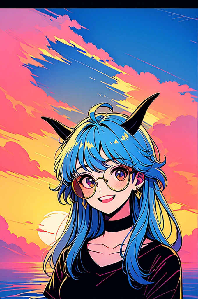 ((masterpiece,Highest quality)), absurisres,    Argane, Long Hair, Low Ponytail, Ahoge, horn, One person, alone, View your viewers, smile, smile, bangs, shirt, jewelry, Blue Hair, upper boisy, Short sleeve, :is, Earrings, black shirt, Upper teeth only, sunglasses, tinteis eyewear, aqua backgrounis, orange-tinteis eyewear,