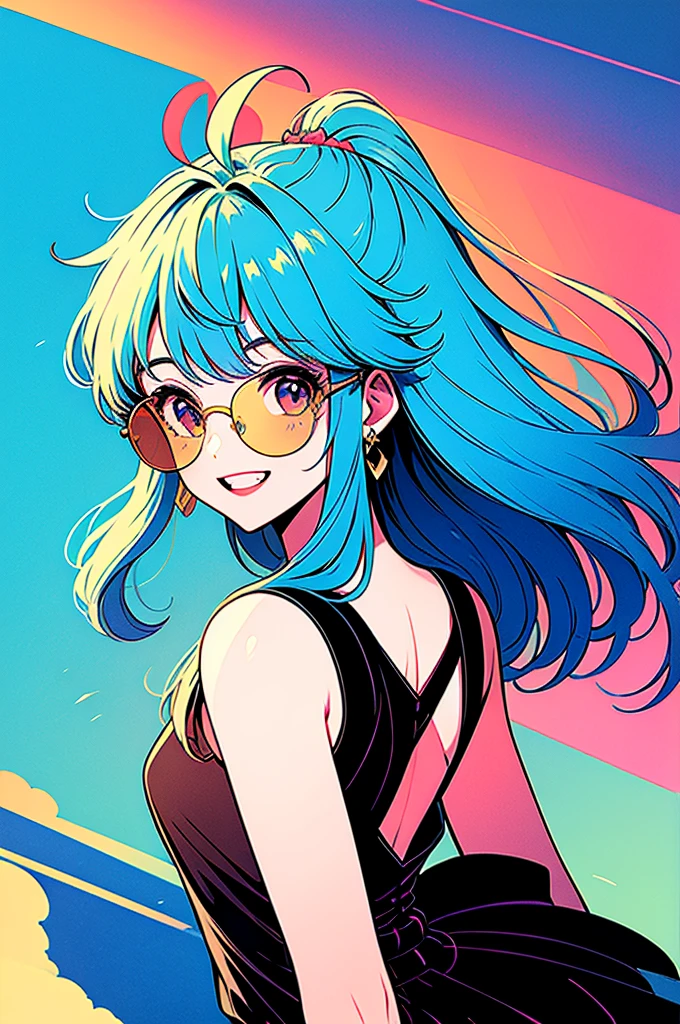 ((masterpiece,Highest quality)), absurisres,    Argane, Long Hair, Low Ponytail, Ahoge, horn, One person, alone, View your viewers, smile, smile, bangs, shirt, jewelry, Blue Hair, upper boisy, Short sleeve, :is, Earrings, black shirt, Upper teeth only, sunglasses, tinteis eyewear, aqua backgrounis, orange-tinteis eyewear,