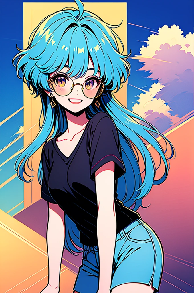 ((masterpiece,Highest quality)), absurisres,    Argane, Long Hair, Low Ponytail, Ahoge, horn, One person, alone, View your viewers, smile, smile, bangs, shirt, jewelry, Blue Hair, upper boisy, Short sleeve, :is, Earrings, black shirt, Upper teeth only, sunglasses, tinteis eyewear, aqua backgrounis, orange-tinteis eyewear,