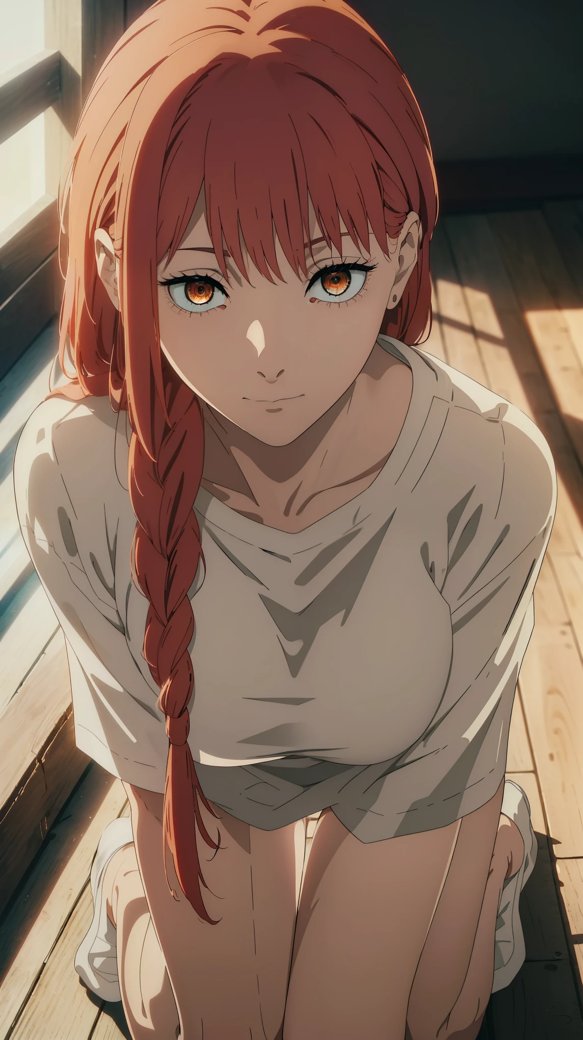 masterpiece,best quality, official art, extremely detailed CG unity 8k wallpaper, ((top quality, 8k, masterpiece: 1.3, ultra hd, high quality, best quality, high definition, ((realism)), sharp focus: 1.5,(Very detailed CG unity 8K wallpaper), Dark Cinematic Lighting, cinematic lighting, makima \(Chainsaw Man\),detailed gold eyes, beautiful eyes, close up, looking at viewer, ((full open white T shirt)), Medium Breast ,Red hair, Long braided red hair, , dark background, kneeling, The best quality, (white panties),