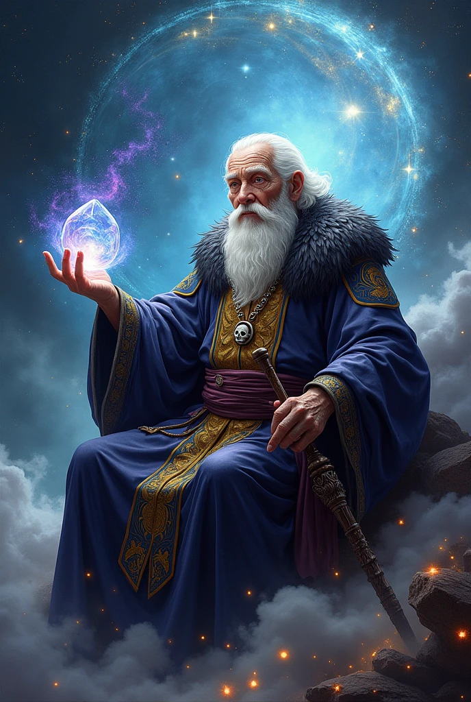 Highest quality, masterpiece:1.2), Realistic, Thick outline, Strong Shadows, (1 person, Elderly men:1.2), Style - Gravity Magic, alone, Half Shot, View your viewers, Detailed Background, Detailed face, (ChronomancyAI, Chronomancy Theme:1.1) Alive constellations, Zodiac, Dynamic pose, occult, Cancer Pattern, Heavenly Powers, performer, Bright light, Light of the universe, Suspended particles, Space dust, Outer space background, Surreal atmosphere,8K 32k Realistic and super fantasy Super detailed Pour energy into the pale blue crystal Hold the magic lamp in your right hand Carries a cool Ikazuchi staff Black, gold, purple Magic Taoist Sitting pose Gorgeous Feather Robe magic circle Girl Skull necklace