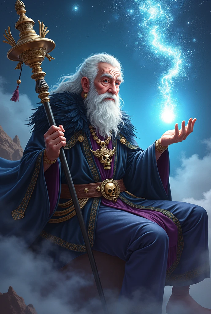 Highest quality, masterpiece:1.2), Realistic, Thick outline, Strong Shadows, (1 person, Elderly men:1.2), Style - Gravity Magic, alone, Half Shot, View your viewers, Detailed Background, Detailed face, (ChronomancyAI, Chronomancy Theme:1.1) Alive constellations, Zodiac, Dynamic pose, occult, Cancer Pattern, Heavenly Powers, performer, Bright light, Light of the universe, Suspended particles, Space dust, Outer space background, Surreal atmosphere,8K 32k Realistic and super fantasy　Super detailed　Pour energy into the pale blue crystal　Hold the magic lamp in your right hand　Carries a cool Ikazuchi staff　Black, gold, purple　Magic Taoist　Sitting pose　Gorgeous Feather Robe　magic circle　Girl　Skull necklace