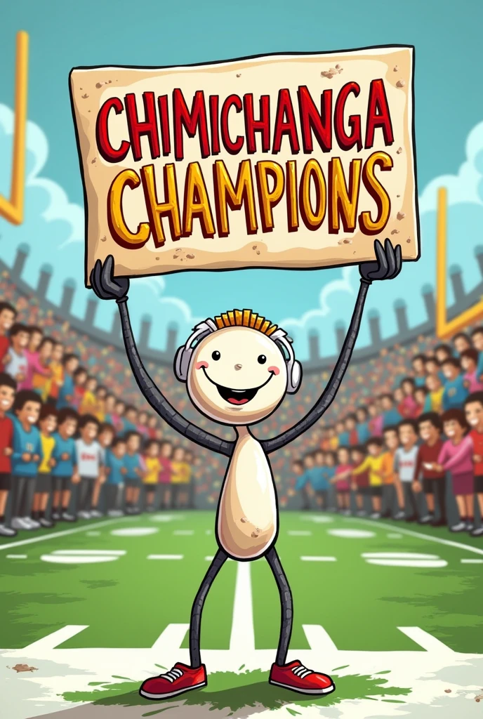 A chimichanga burrito stick man drawing holding a sign saying chimichanga champions football themed