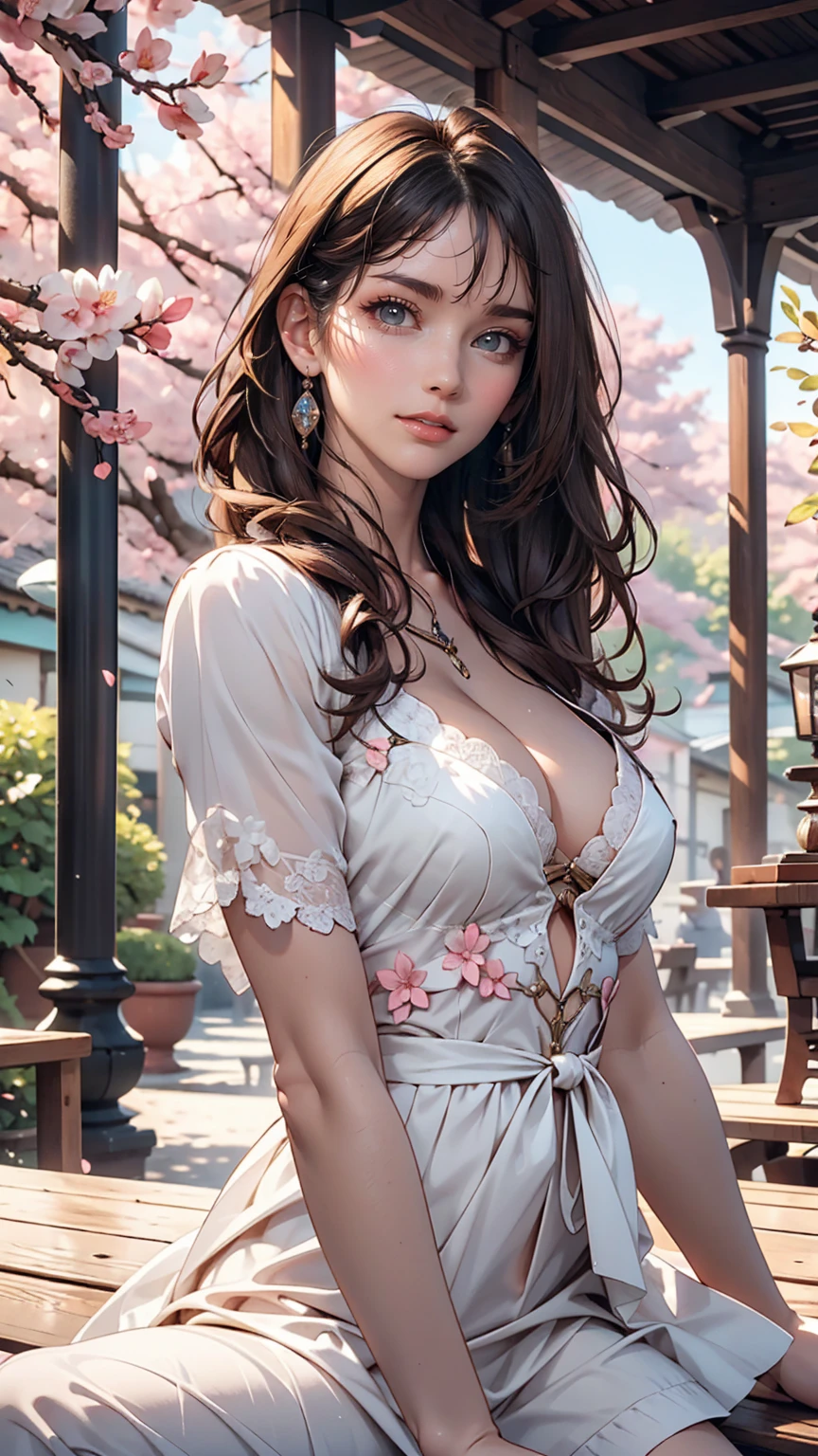 portrait, elegant adult woman, Brown eyes, Long Black hair, 4k resolution, high quality cg, beautiful cg, soft light, sitting, sakura themes, 