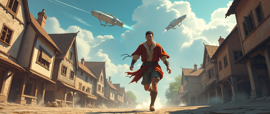 Évasion à Travers le Temps
Concept : L'idée ici est de représenter l'évasion à travers le temps, où un personnage  qui cours Par exemple, le personnage pourrait être vu en train de courir ou de marcher dans une perspective qui commence dans une époque ancienne (comme l'Antiquité ou le Moyen Âge) et se termine dans un futur lointain.

Perspectives :
Perspective 1 : Sur la première page, commencez par une scène représentant une époque médiéval.Par exemple, un marché médiéval, une cité antique ou un village de l'époque avec des éléments architecturaux typiques. La perspective pourrait être en plongée, avec une vue large montrant une place publique ou une rue principale qui s'étend vers l'horizon. Le personnage commence son voyage ici, situé au milieu de la page, légèrement en retrait.

Perspective 2 : Sur la deuxième page, la scène se transforme graduellement en un environnement futuriste, avec des gratte-ciels modernes, des véhicules volants, ou un paysage technologique. Ici, la perspective pourrait être à trois points, montrant l'impressionnante hauteur des structures modernes et un ciel rempli d'appareils ou d'éclairages futuristes. Le personnage continue son voyage, maintenant au premier plan, en train de s'échapper vers cette nouvelle ère.

les epoques diferrent doivent etre trés distinctive l'une de l'autre