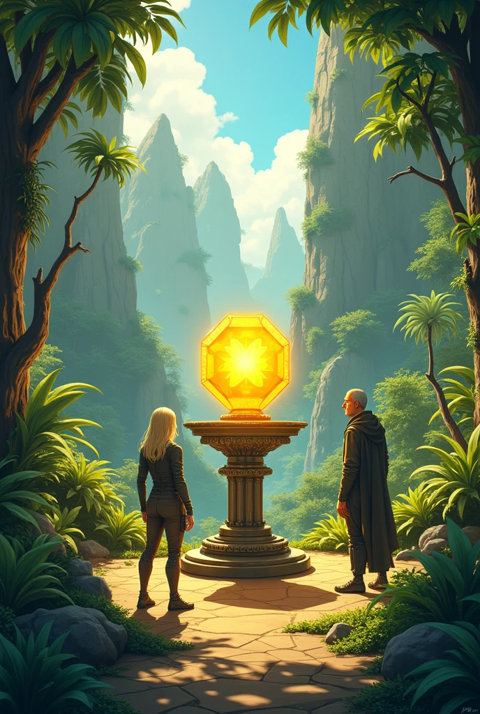 Style dessin,  belle journée ensoleillée 
au millieu d'une clairière luxuriante entourée d'une jungle epaisse parsemée d'énormes rochers montagneux acéré . Un majestueux cristal hexagonal jaune étincelant, posé sur un petit socle métallique rectangulaire finement décoré illumine la clairière de son éclat. Un homme et une femme aux cheveux longs et clairs en tenue futuristes examinent de pret ce cristal. Derrière eux, un vieil homme vêtu d'une sombre cape, sa capuche lui couvrant la tête les observent paisiblement.