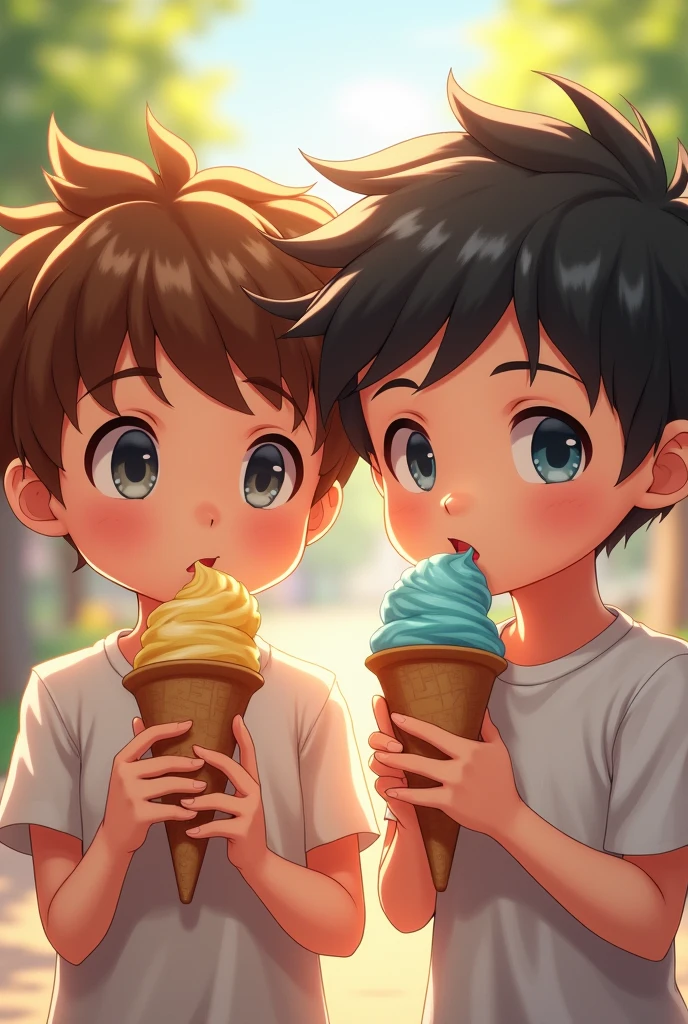 2 boy, licking ice cream, his beautiful lips, square face, wave short hair,licking ice cream close portion