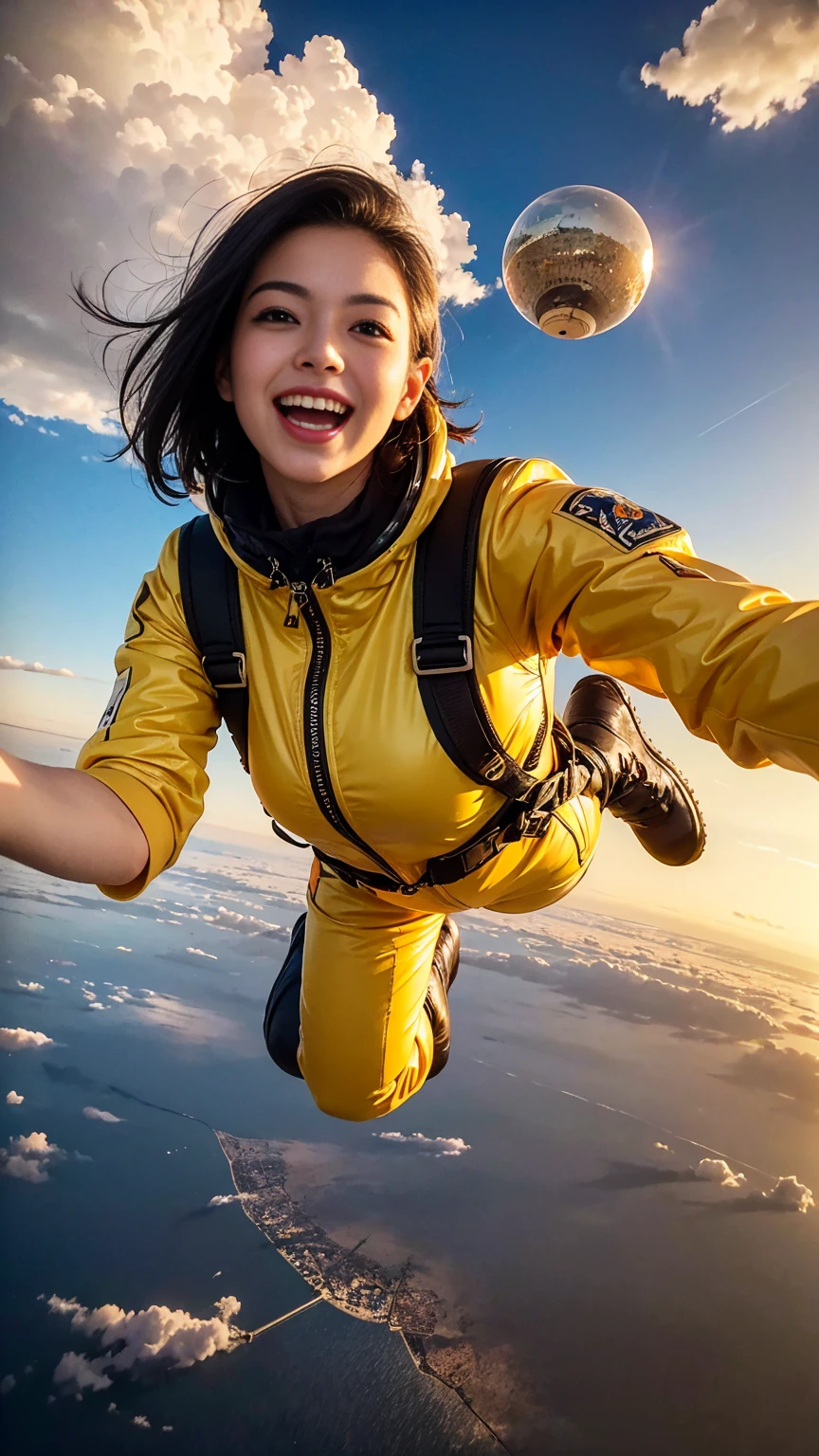 A WOMAN skydiving in air in lots of yellow clouds city floating on lots of yellow clouds ((masterpiece)), ((best quality))), ((ultra-detailed)), UHD, 8K, ((high resolution))), ((illustration)), ((realistic)), girl falling skydiving in air in yellow space suit taking selfie on floating city, in background show (Best quality,4K,8K,A high resolution,Masterpiece:1.2), Ultra-detailed,(Realistic,Photorealistic,photo-realistic:1.37), Futuristic floating city, Futuristic technology, Huge high-tech tablet platform,Floating in the sky, Futuristic city, Small airships around, High-tech hemispherical platform, city floating on lots of yellow clouds, city on top of dusty clouds, yellow clouds at bottom, golden orange yellow tones ,sunset, hot weather, girl taking selfie enthusiasm, laughing smiling, girl in yellow spacesuit, dusty environment, hot summer, desert weather. fish eye view, lots of clouds