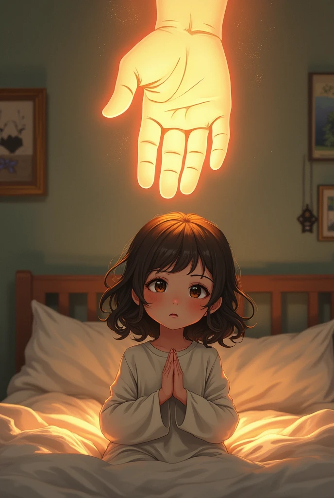 Image Disney d’une fille avec les cheveux ondulés noirs et les yeux bridés marrons clair sur son lit entrain de prier avec en haut d’elle une main immense qui se tend vers elle 