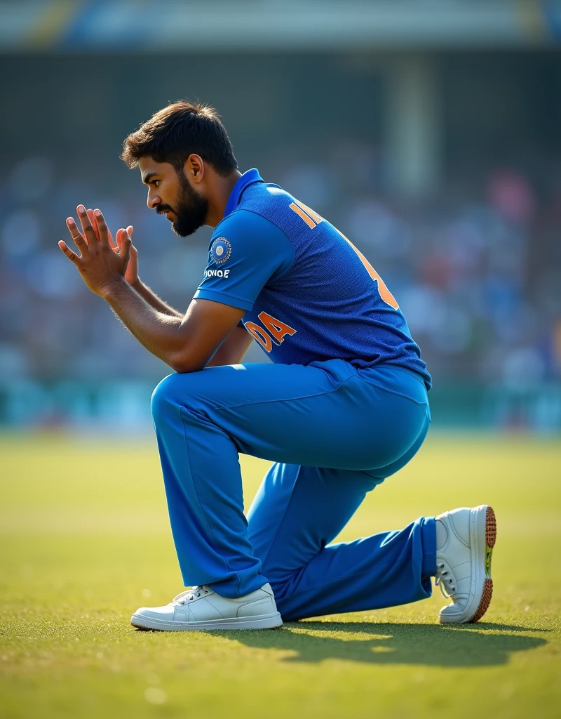 Give me a blue jersey with INDIA written on it. Wearing white sneakers, the cricket player is bent over, kneeling, with his hands raised.，Showing the side profile of a cricket player，顶光drop shadow, anaglyph, stereogram, tachi-e, ass pov, atmospheric perspective, 8k, super detail, best quality