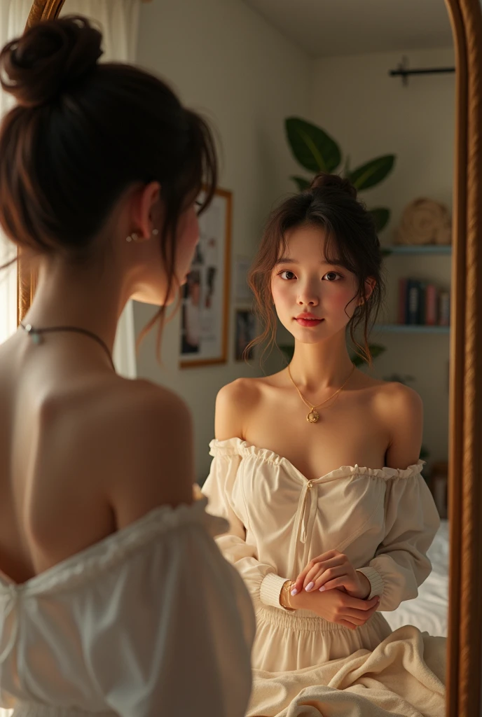 19 year old realistic girl posing in her room in front of the mirror 
