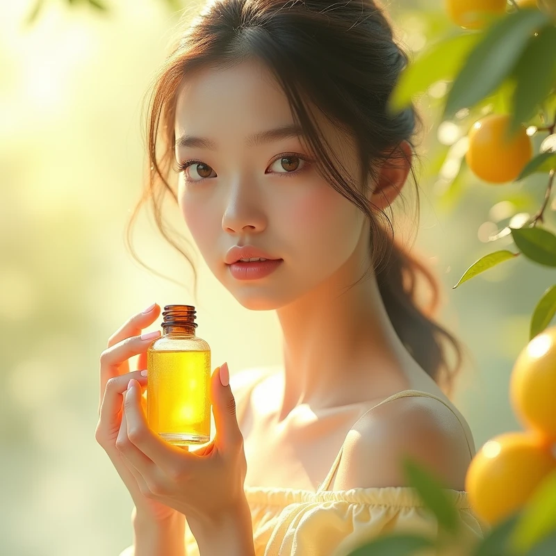 Lemon essential oil beautiful ai girl showing product background showing the aroma of lemon