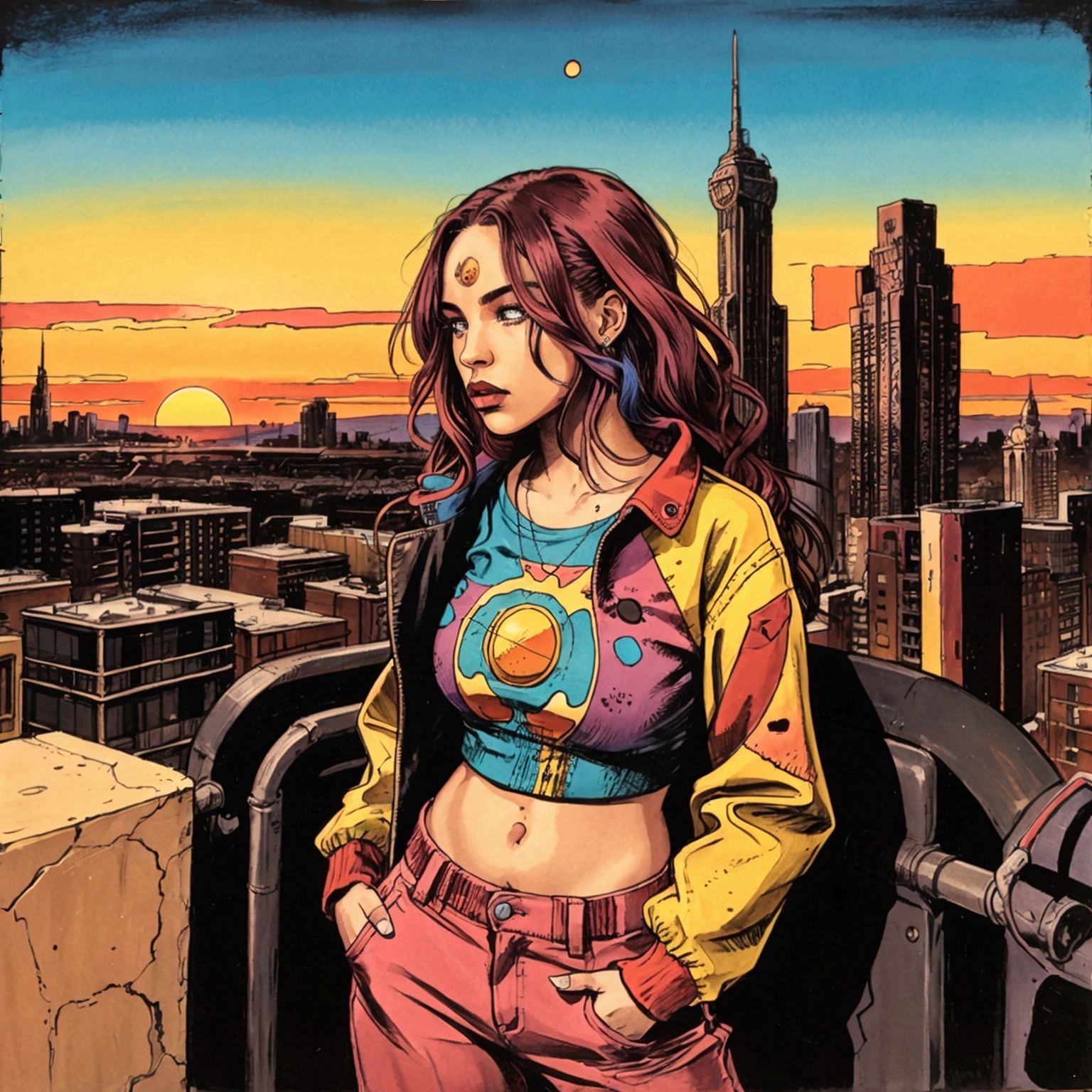 Album Artwork of an urban landscape featuring a psychedlic sunset with VIBRANT COLORS AND a girl in the center swearing urban clothes.