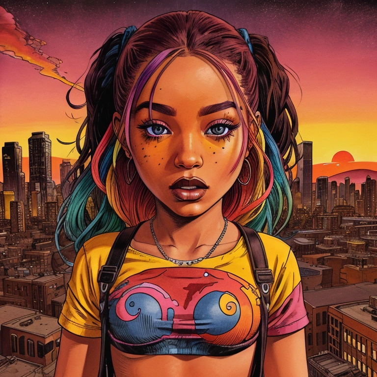 Album Artwork of an urban landscape featuring a psychedlic sunset with VIBRANT COLORS AND a girl in the center swearing urban clothes.