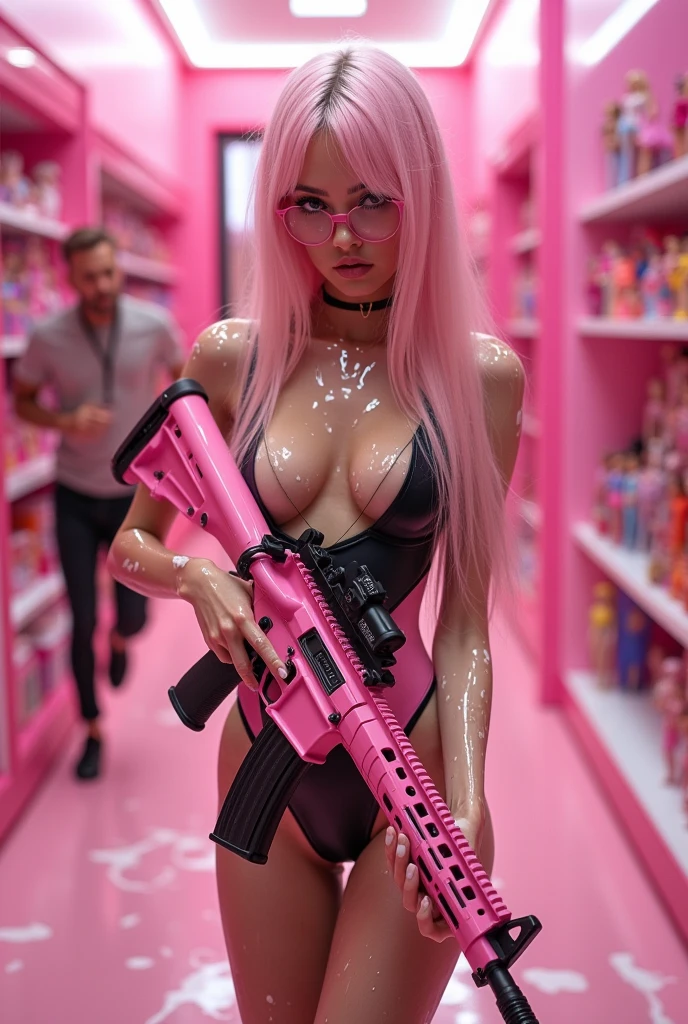 tockings), 2# croped picture, perfect picture, stunning, in a pink toy store with lots of toys and Barbiedolls in the background, barbie dolls in the room, colors White Pink Gold,Extreme anorexic skinny russian photomodel ,((Dasha Taran)), with skinny anorexic slim long legs with gap between legs, (super long skinny legs: 1.7), (skinny anorexic body: 1.5), super long messy pink_hair, (Pink Hair) seductive cute sexy face, looking very young cute, (black slave choker), (stream of sticky white translucent liquid shooting down here mouth splattering on lenses of glasses), Cum on face, cum on glasses, Cum on here hair, spattered in cum,  ((shooting an PINK AR15 weapon at a man who is reunning away)), ( Pink AR-15 carbine), (Pink Assult weapon AR15), (long black shiny latex lace stockings)hard nipples, small nipples, Black tight shiny transparent latex very extreme high cut one piece swimsuit in a minimalist design ,((tight trensperant latex)), (over the hip tight extreme high_cut swimsuit), extreme mini transparent Black pink swimsuit , (man is scared and running away from here,