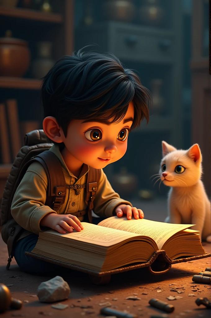 Aarav discovering an old, dusty journal among the treasures, with a look of curiosity and wonder.
- Momo can be seen sitting nearby, attentively watching.