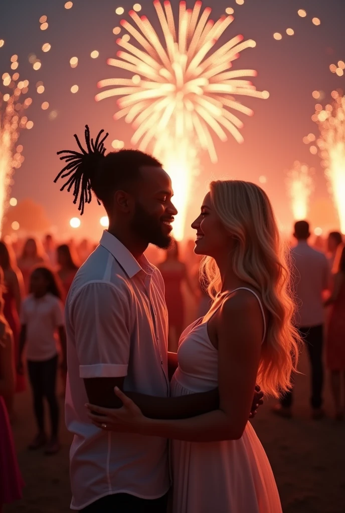 30 year old male black dreadlocks celebrates with his wife white 29 yrs old blonde hair over the birth their two mixed race twin girls with a a big party with more than 1000 guests and fireworks everywhere