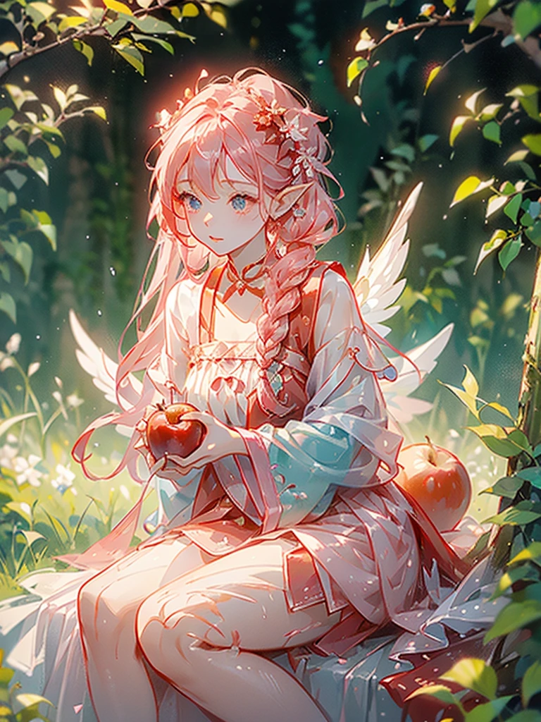 The little apple tree elf puts on a red, plump bud skirt，Like a red apple hanging on a branch。Tied a fluffy side braid，An apple hair band is tied at the end of the hair，There is a delicate apple hairpin on it.，The color of the wings is pink，Shine through the light，Extremely beautiful。