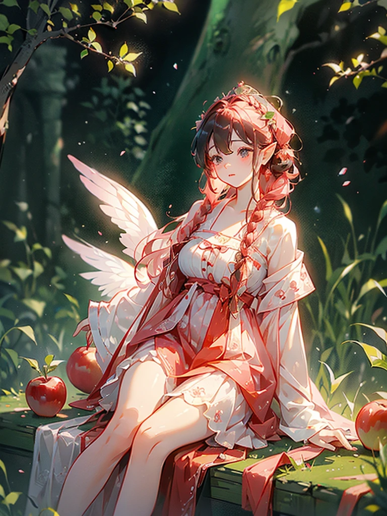 The little apple tree elf puts on a red, plump bud skirt，Like a red apple hanging on a branch。Tied a fluffy side braid，An apple hair band is tied at the end of the hair，There is a delicate apple hairpin on it.，The color of the wings is pink，Shine through the light，Extremely beautiful。