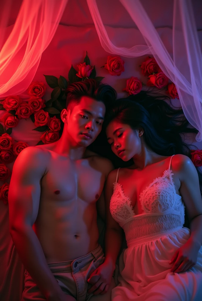 Indonesian couple. The man is a normal body, With The woman is a little chubby and huge breasted, The luxurious bedroom is decorated with red roses and a mosquito net with RGB neon backlight as a background detail, lying on the pillow together under the blanket. Look at the viewer, natural light, realistic photography, wide angle shot from top.