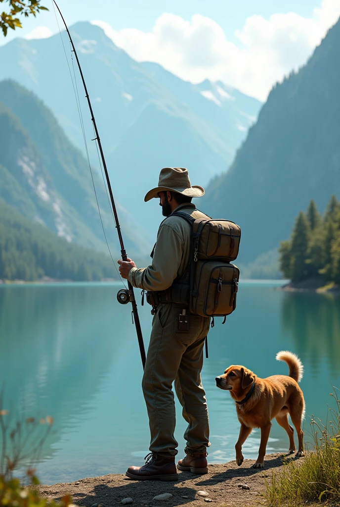 Fisherman wearing fisherman hat.Go fishing fully equipped.fishing chaishing box、fishing umbrella、Follow a dog.Come to the beautiful lakeside with green mountains and clear water.anatomically correct.Scenery background(best quality,4K,8k,High resolution,masterpiece:1.2),Super detailed,(actual,photoactual,photo-actual:1.37),