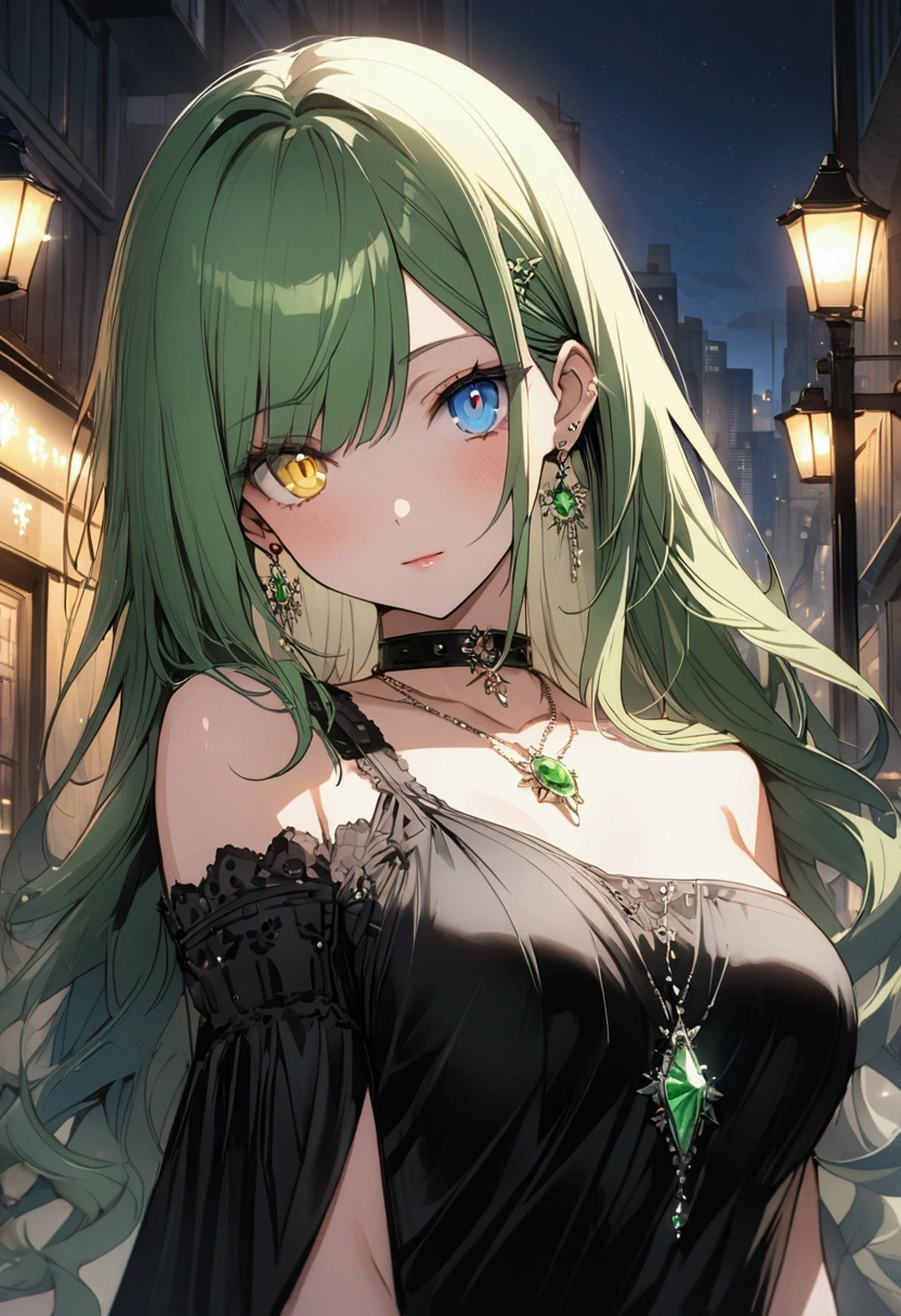 (((anime))) One woman,Gal,long hair,(Green Hair),Oblique bangs,Black headband and shiny earrings,necklace,(Green Gem),Collar with jewels,Gemstone light reflection cool,Look this way,Heterochromia iridis,Blue eyes,(Yellow Eyes),Big pupils One-shoulder dress,Volume sleeve,(black),Hisui's writing,Green Night,City of night,signboard,Street lamp light,Backlight,masterpiece,Highest quality,Exquisite,8k,Absurd,Ultra-fine illustrations,(View your viewers)