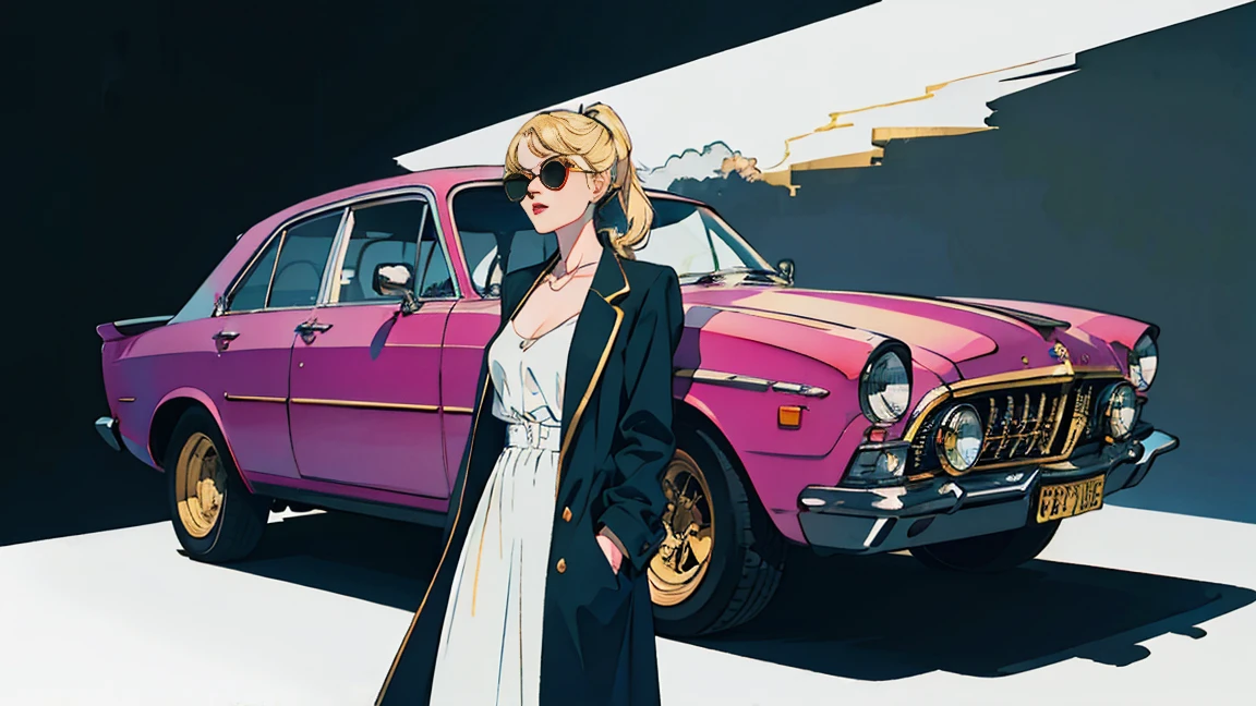 Russian beauty with ponytail gold hair, old car in background, perfect face, sunglasses, smoking white tailor-made cigarette, neo-noir, (after backlight correction: 1.1), hard shadow, masterpiece, top quality, , model shooting style, vintage, film grain, perfect detail,reality