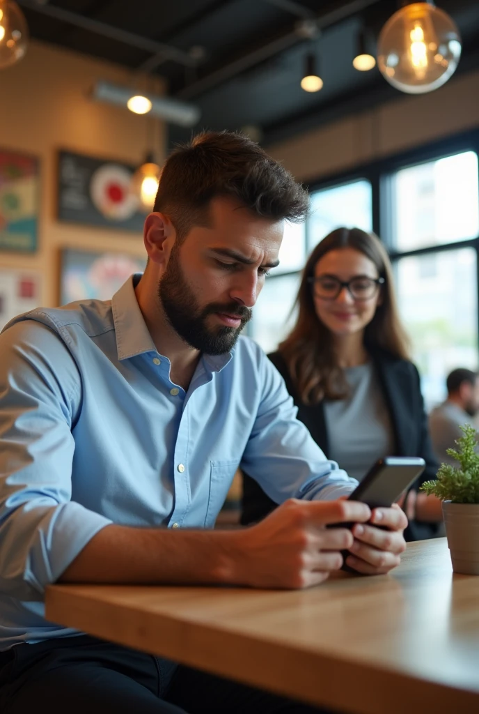 A man is sitting in a cafeteria watching the stock market on his phone when his girlfriend, who is wearing glasses, walks in.