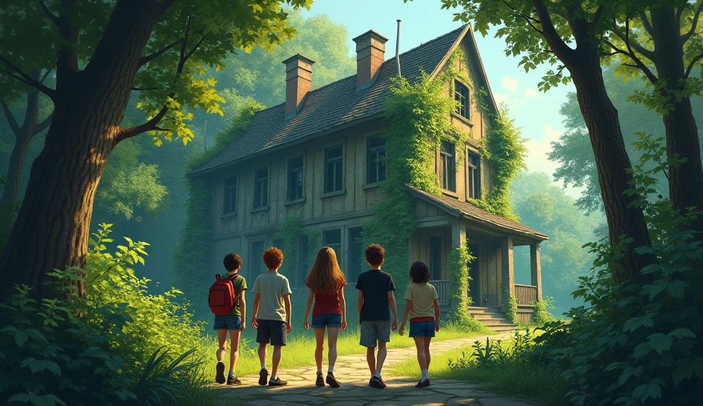 •	Prompt: The friends discovering an old, dilapidated building partially hidden among the trees. The building is covered in ivy, with broken windows and a crumbling facade. 3boy 2girl