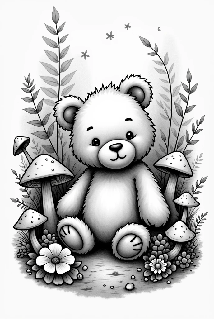 Un ours en peluche assis dans les champignion et de plante de forêts  pour un tattoo noir et blanc