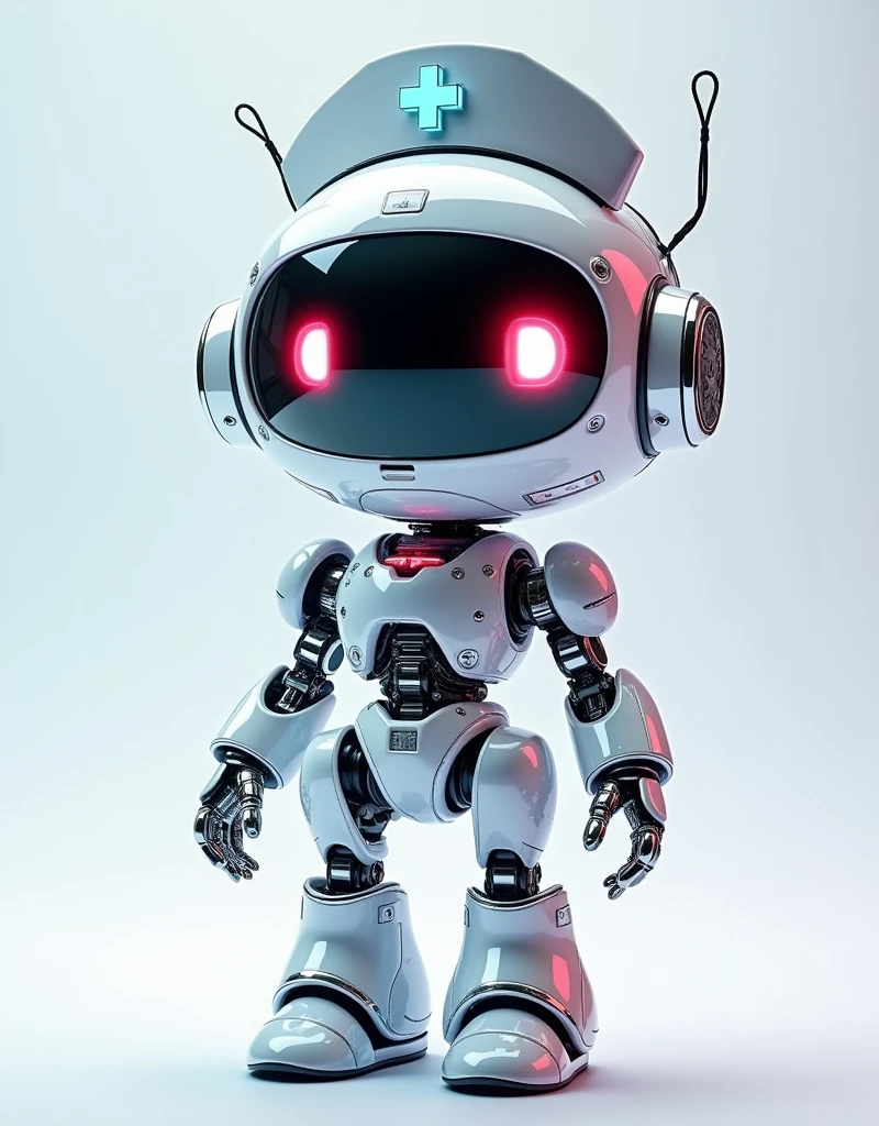 Pixar style, (Blind box toy style:1.2), (full-body shot) , 1 transparent cute mechanical nurse doll, Transparent mecha, Exquisite nurse hat:1.2, Luminous goggles:1.2, Colorful neon lights, High-tech mechanical parts, Metal body, Detailed mechanical metal design, bright colors, Dynamic glow, Reflective metal surface, bright environment, dynamic poses, Exquisite presence, skill improved, interlocking mechanical gears, Stylish design, motion blur effect, Detailed metal processing, Sci-fi atmosphere, Streamlined aerodynamic shape, Laser scanning pattern, Holographic projection, LED light track, beautiful and unforgettable, Advanced sensors, complex algorithm, Ominous and mysterious atmosphere, electric spark, Shiny chrome plating, Propulsion systems of the future, Clean, White background, (global illumination, Ray tracing, high dynamic range, Unreal rendering,Reasonable design, high detail, masterpiece, best quality, ultra high definition, light),Chibi,locomotive,3d style