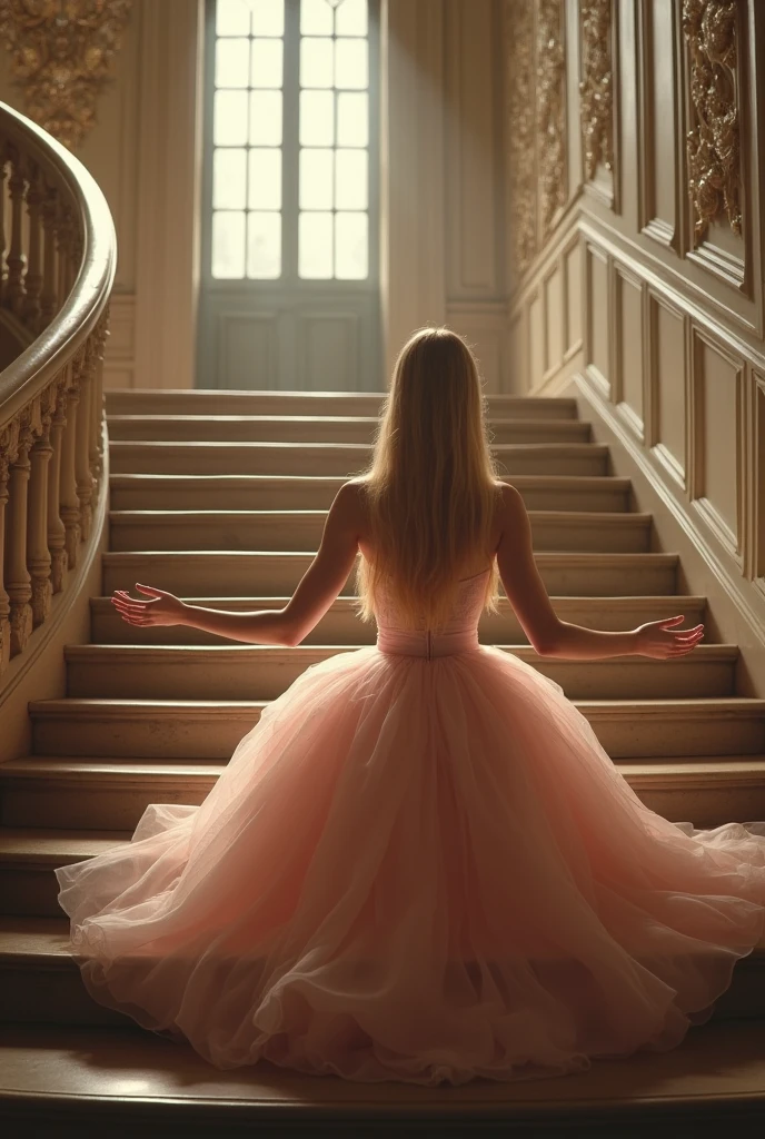 In a grand ballroom, a beautiful young woman of twenty, with a fair complexion and long, straight blond hair, sits gracefully on a staircase of a ballroom. Clad in a light pink ball gown with delicate thin straps, she stretches out her hands infront calling to someone and reach someone.