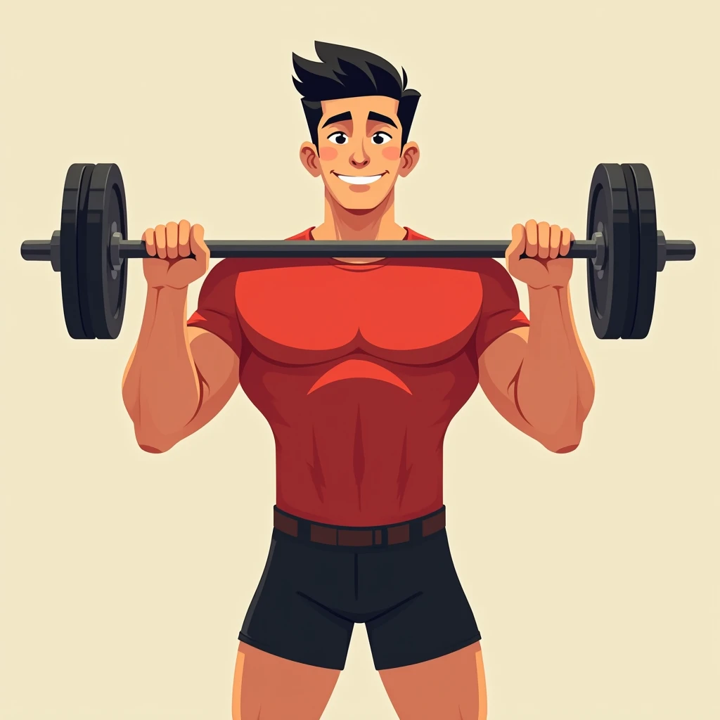 best quality, masterpiece, fill frame, zoomed out, character design, full body, head to toe, cell shading art, poster of handsome young man, slim build, wearing plain red tshirt and black shorts, gentle smile while lifting a straight barbell, perfect fingers, perfect hands, perfect face, perfection, no background