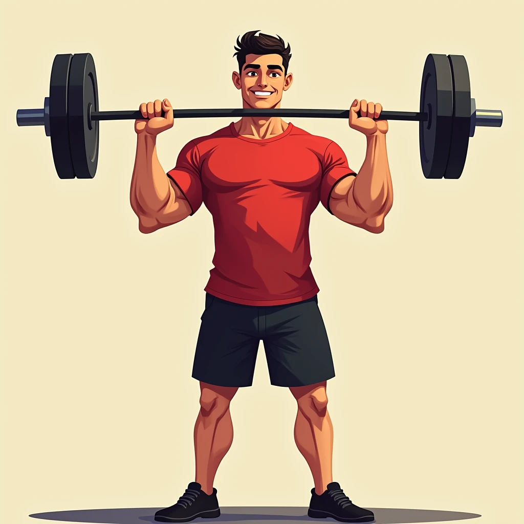 best quality, masterpiece, fill frame, zoomed out, character design, full body, head to toe, cell shading art, poster of handsome young man, slim build, wearing plain red tshirt and black shorts, gentle smile while lifting a straight barbell, perfect fingers, perfect hands, perfect face, perfection, no background