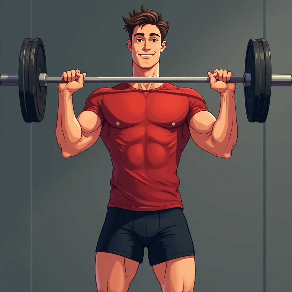 best quality, masterpiece, fill frame, zoomed out, character design, full body, head to toe, cell shading art, poster of handsome young man, slim build, wearing plain red tshirt and black shorts, gentle smile while lifting a straight barbell, perfect fingers, perfect hands, perfect face, perfection, no background