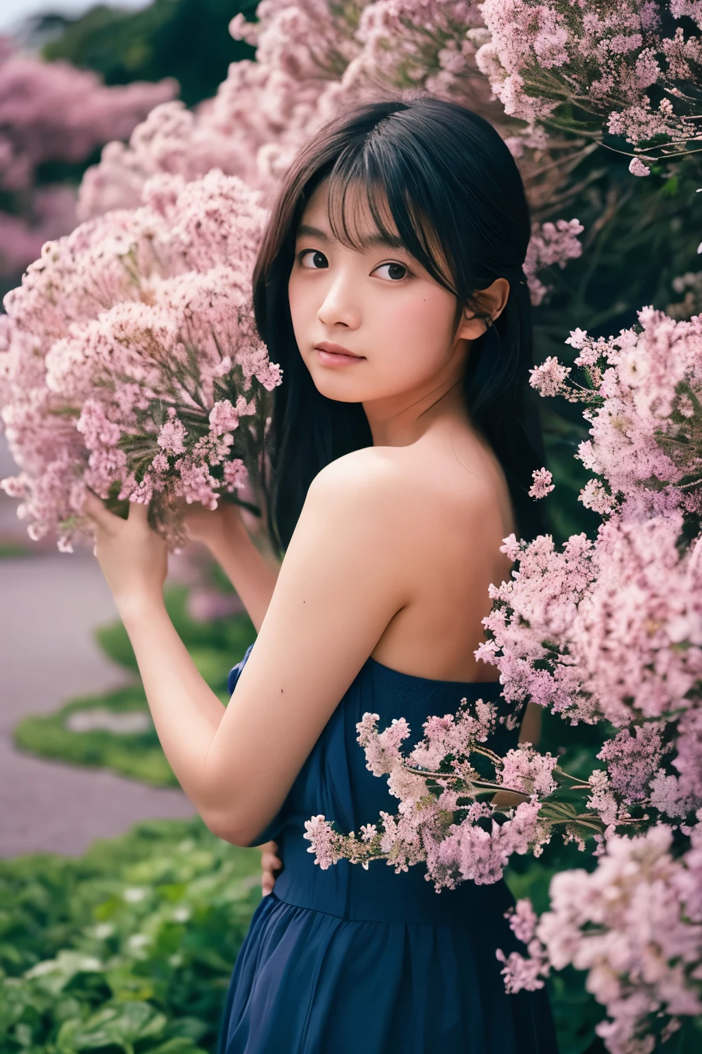 Medium breast, off shoulder, A Japanese girl standing against a background of moonlight and a sea of flowers，more elegant and dusty，beautiful and detailed face, beautiful and detailed eyes, Let yourself be immersed in this beautiful picture. Her every move is like a beautiful dance.，As if melting into this sea of flowers，Expressing the beauty of ancient style, fireflies, dark forrest,