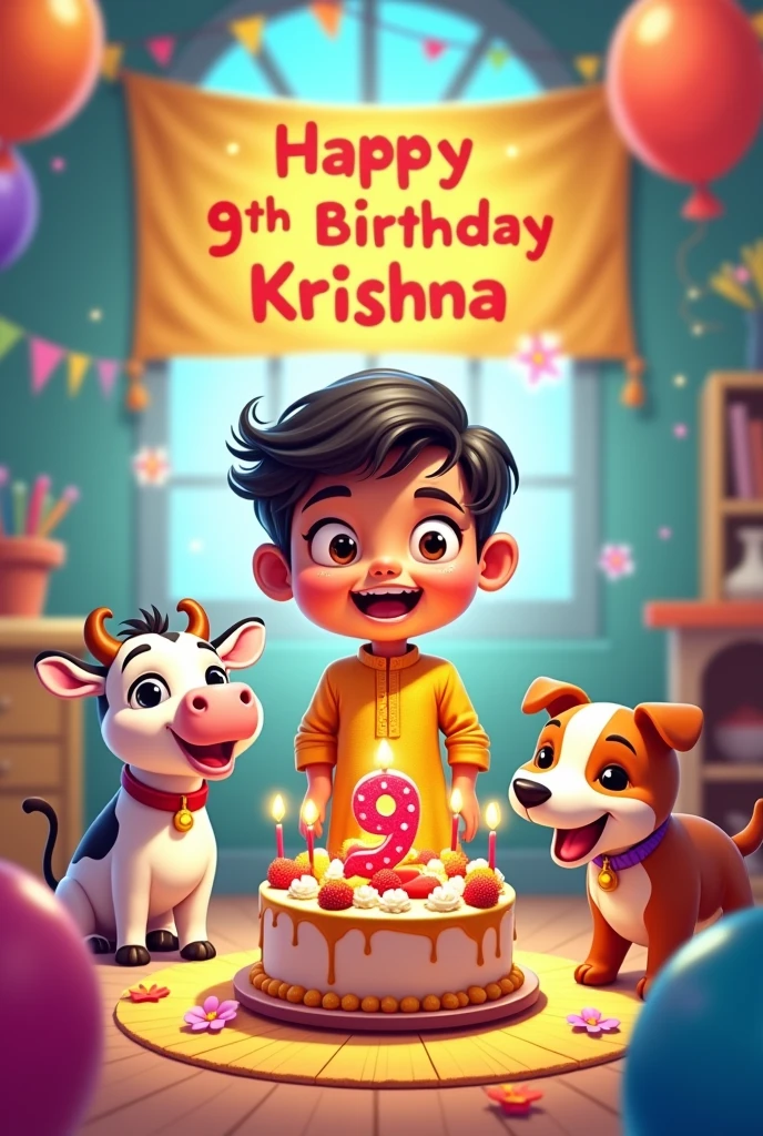 Sure! Here's a detailed prompt for generating that image:
"Create a colorful, Doraemon-inspired cartoon image of a young Indian boy named Krishna celebrating his 9th birthday. Krishna is in a bright, festively decorated room with balloons, streamers, and a large banner that reads 'Happy 9th Birthday Krishna.' Krishna is joyfully smiling, wearing traditional Indian attire, and standing next to a beautifully decorated birthday cake with the number '9' on it. Surrounding Krishna are his cute baby cow, a playful dog, and a friendly cat, all with happy expressions as they join in the celebration. The room is vibrant and lively, capturing the joy and excitement of the moment."
Would you like me to generate this image for you?