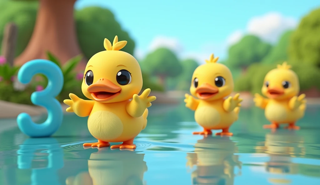 Create in 3d animation style for the kids of age group of 1-3 years kids " display 3 number in the left side and background should be engaging and interesting and besides number there display 3 ducks on the water as they are clapping