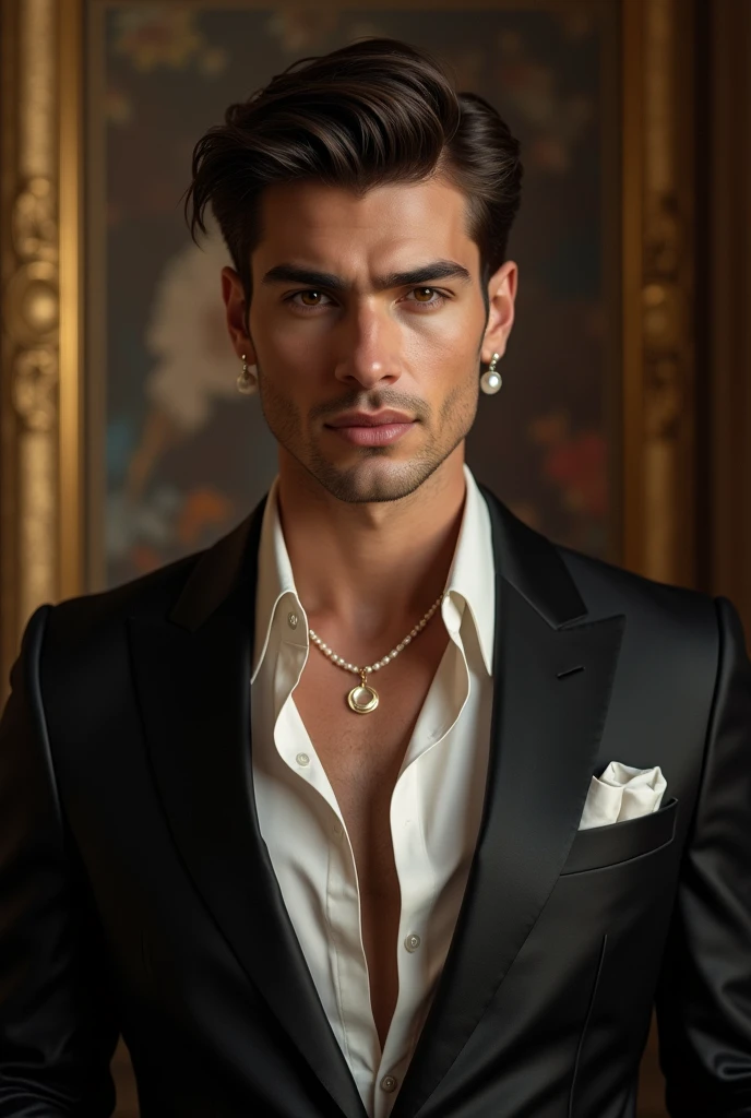 cinematic portrait of a man with square face, detailed facial features, beautiful eyes, full lips, long eyelashes, elegant expression, flowing hair, pearl necklace, pearl earrings, high-end fashion dress, ornate background, dramatic lighting, cinematic composition, photorealistic, 8k, masterpiece