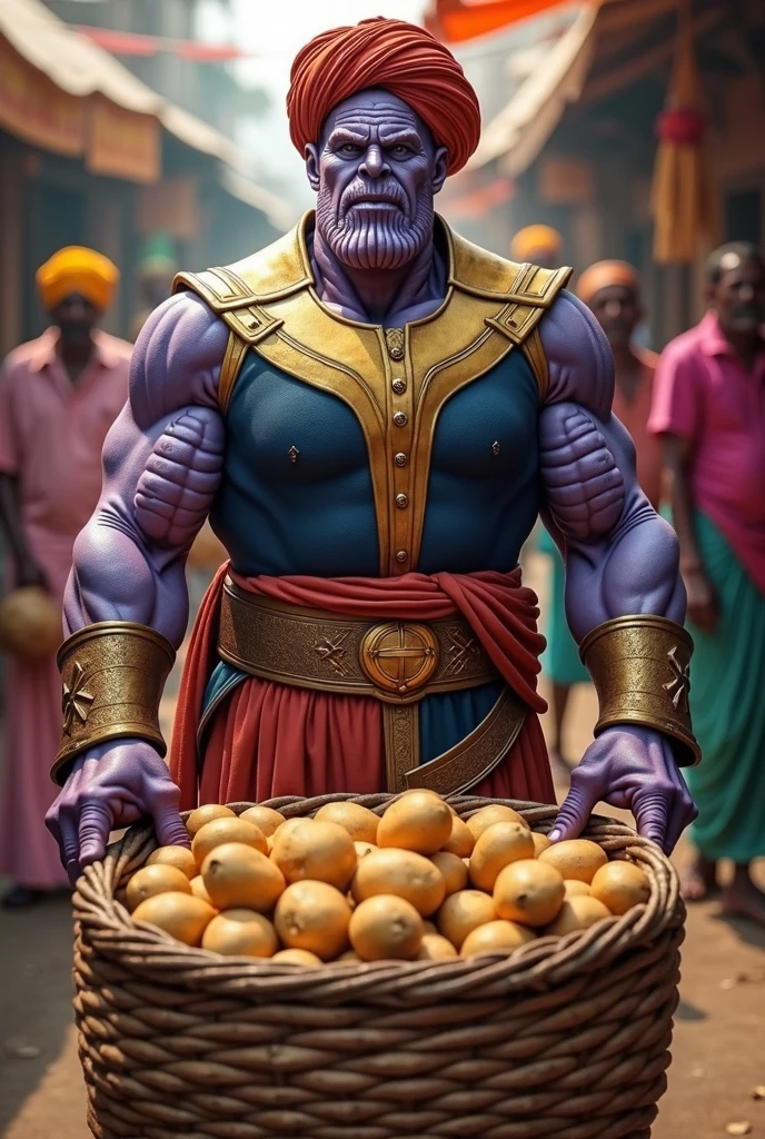 Picture Thanos from avengers the selling potatoes in a lively Indian market. He is dressed in a vibrant Indian attire Kurta Dhoti and a turban. His imposing figure stands behind a stall brimming with fresh potatoes, surrounded by a bustling market.