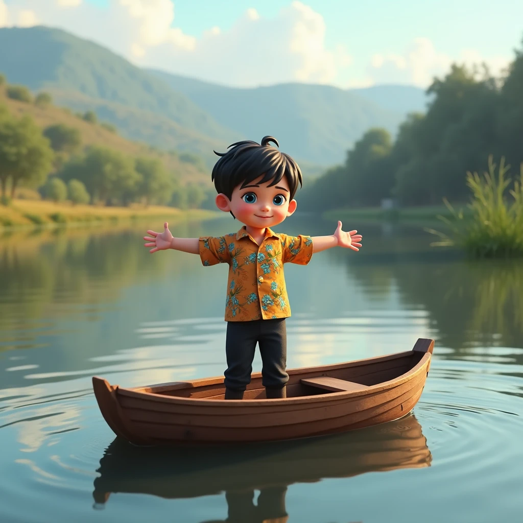 makes image of a white man, at 3, model type, with short dark hair, with blue eyes, wearing colorful shirt, black pants, on top of a small wooden boat on a lake in Alentejo, Opening your arms.