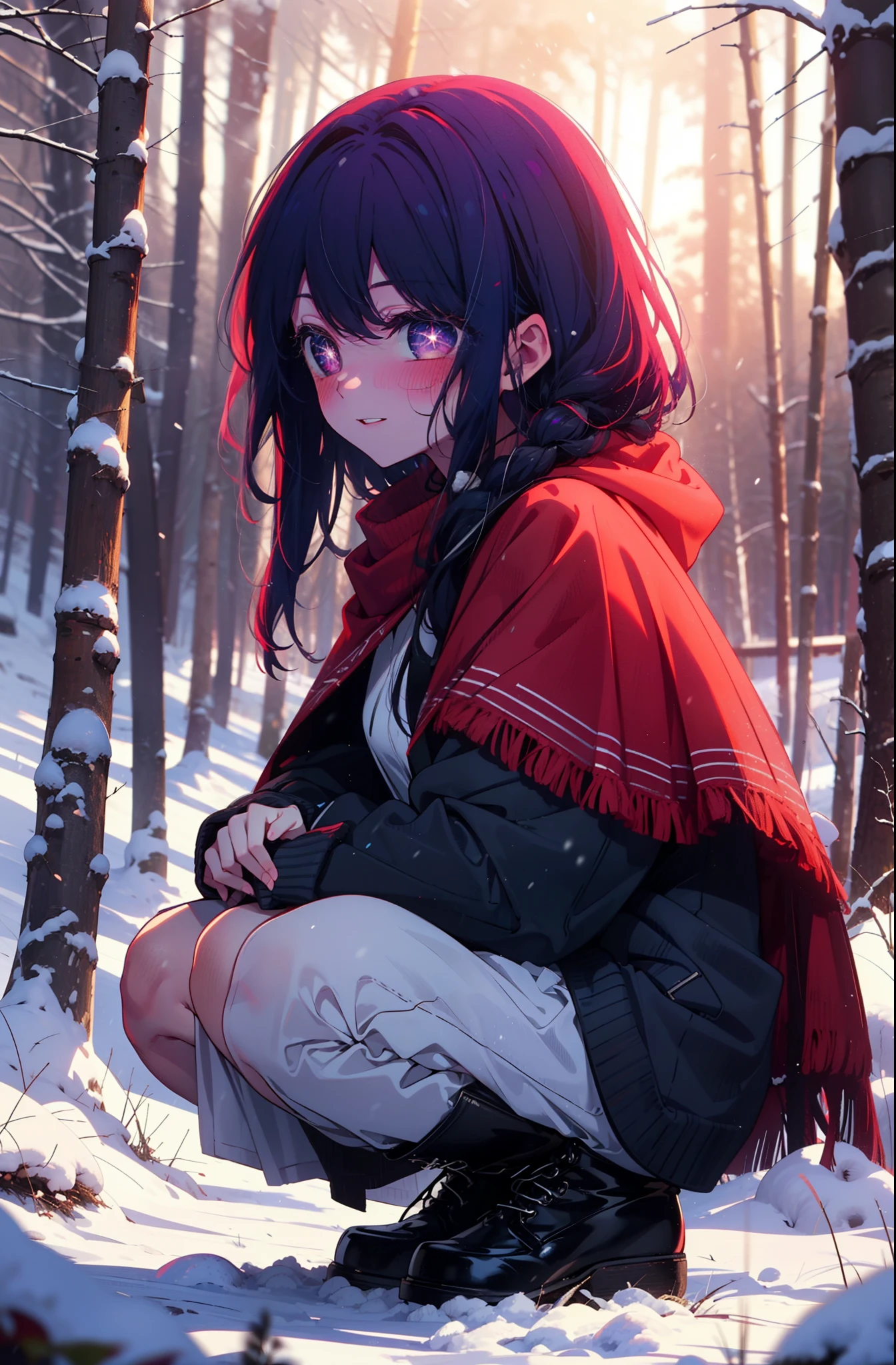 aihoshino, Ai Hoshino, Long Hair, bangs, (Purple eyes:1.1), Purple Hair, (Symbol-shaped pupil:1.5), smile,,smile,blush,white breath,
Open your mouth,snow,Ground bonfire, Outdoor, boots, snowing, From the side, wood, suitcase, Cape, Blurred, , forest, White handbag, nature, Squat, Mouth closed, Cape, winter, Written boundary depth, Black shoes, red Cape break looking at viewer, Upper Body, whole body, break Outdoor, forest, nature, break (masterpiece:1.2), Highest quality, High resolution, unity 8k wallpaper, (shape:0.8), (Beautiful and beautiful eyes:1.6), Highly detailed face, Perfect lighting, Extremely detailed CG, (Perfect hands, Perfect Anatomy),