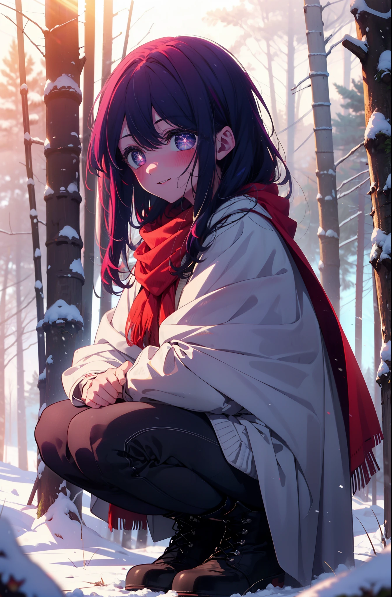 aihoshino, Ai Hoshino, Long Hair, bangs, (Purple eyes:1.1), Purple Hair, (Symbol-shaped pupil:1.5), smile,,smile,blush,white breath,
Open your mouth,snow,Ground bonfire, Outdoor, boots, snowing, From the side, wood, suitcase, Cape, Blurred, , forest, White handbag, nature, Squat, Mouth closed, Cape, winter, Written boundary depth, Black shoes, red Cape break looking at viewer, Upper Body, whole body, break Outdoor, forest, nature, break (masterpiece:1.2), Highest quality, High resolution, unity 8k wallpaper, (shape:0.8), (Beautiful and beautiful eyes:1.6), Highly detailed face, Perfect lighting, Extremely detailed CG, (Perfect hands, Perfect Anatomy),